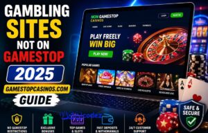 Gambling sites not on Gamestop 2025 gamestopcasinos.com guide showing online casino dashboard with slots, roulette, and bonuses