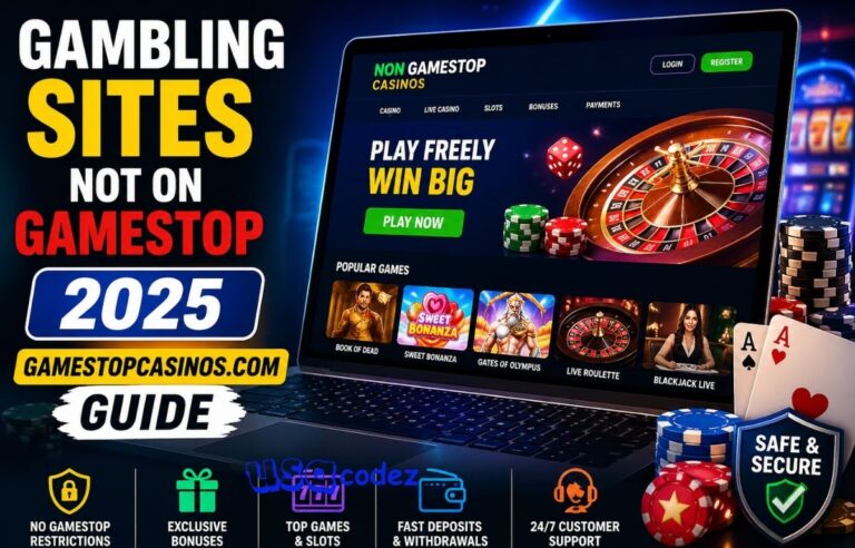 Gambling sites not on Gamestop 2025 gamestopcasinos.com guide showing online casino dashboard with slots, roulette, and bonuses