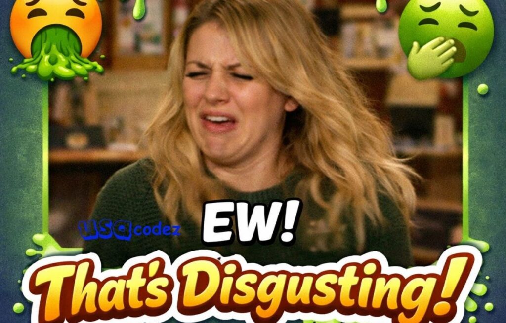 Disgusted woman reaction meme with eww text and vomiting emojis 🤢🤮