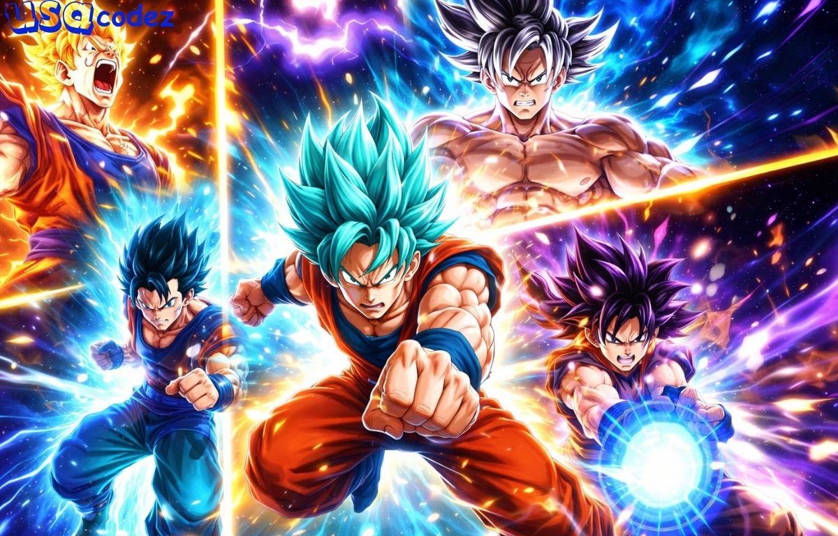 Goku gif fighting anime action scene in Super Saiyan forms with glowing energy aura