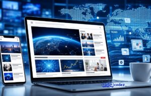 Modern digital news platform displayed on laptop and smartphone with technology, business, and online information content.