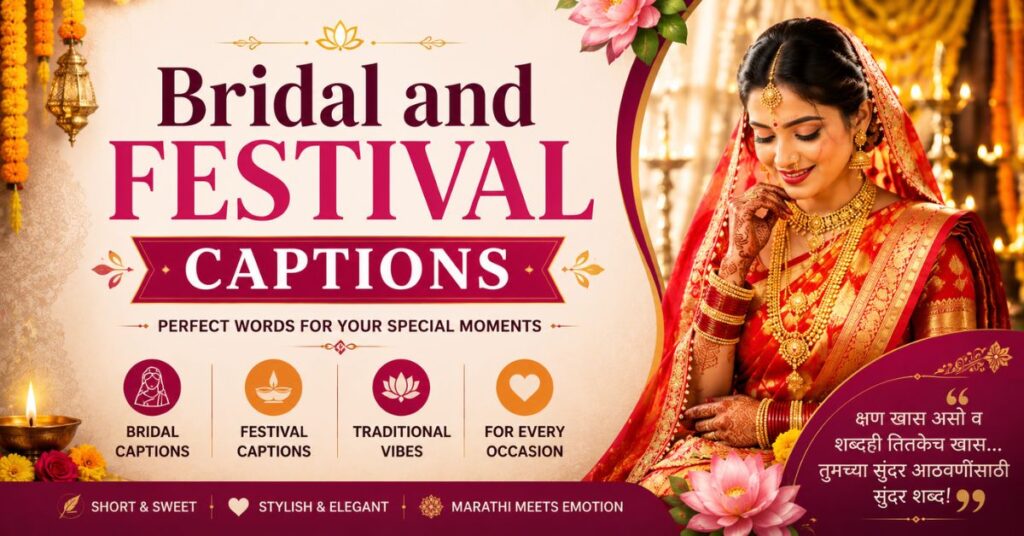 Beautiful Marathi bride wearing a traditional Paithani bridal saree during a festive celebration, representing the best short saree caption in Marathi for Instagram.