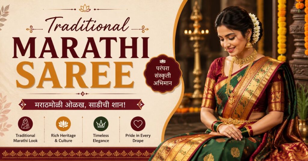 Elegant Marathi woman wearing a traditional Paithani saree with beautiful short saree captions in Marathi for Instagram, perfect for festivals, weddings, and cultural celebrations.