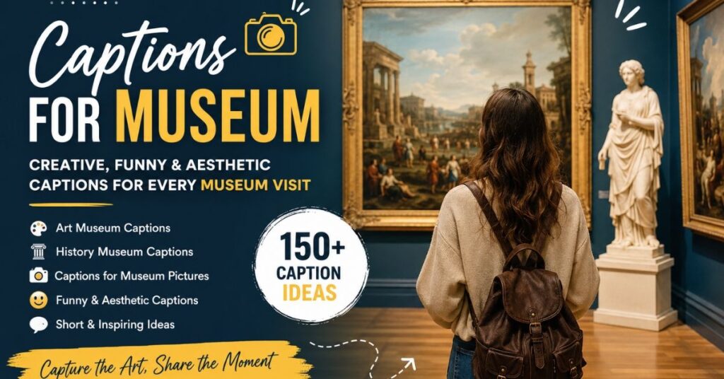 A modern featured image showing a beautiful museum interior with classic statues, famous paintings, art galleries, and visitors exploring exhibits.