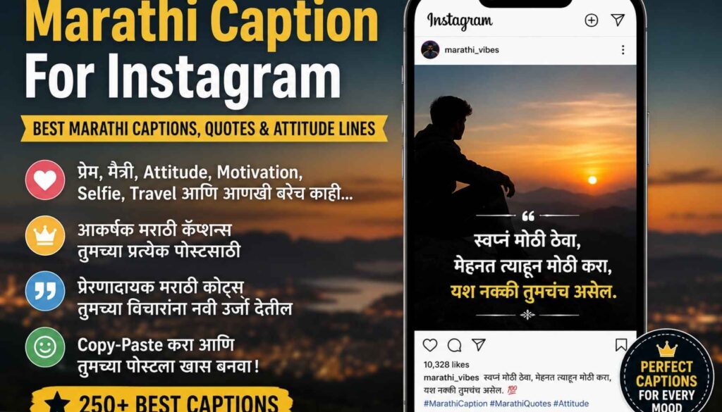 Best Marathi Caption for Instagram featuring Marathi quotes, attitude quotes in Marathi, and Marathi mulgi captions for Instagram.