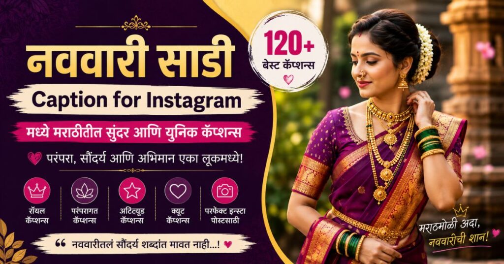 Best Nauvari Saree Caption for Instagram in Marathi with traditional Maharashtrian woman wearing a royal Nauvari saree.