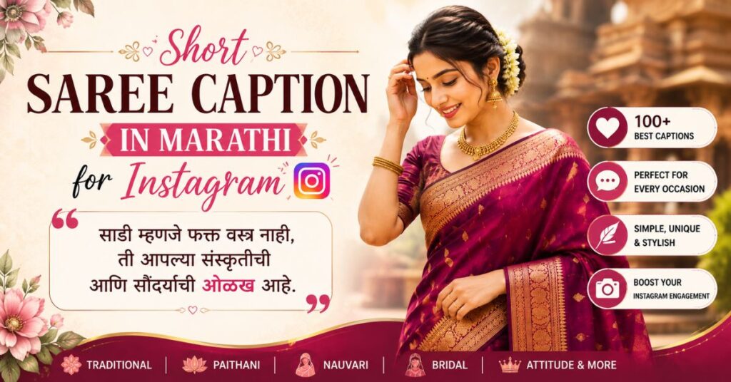 Beautiful Marathi woman wearing a traditional Paithani saree with the best short saree caption in Marathi for Instagram for stylish and cultural Instagram posts.