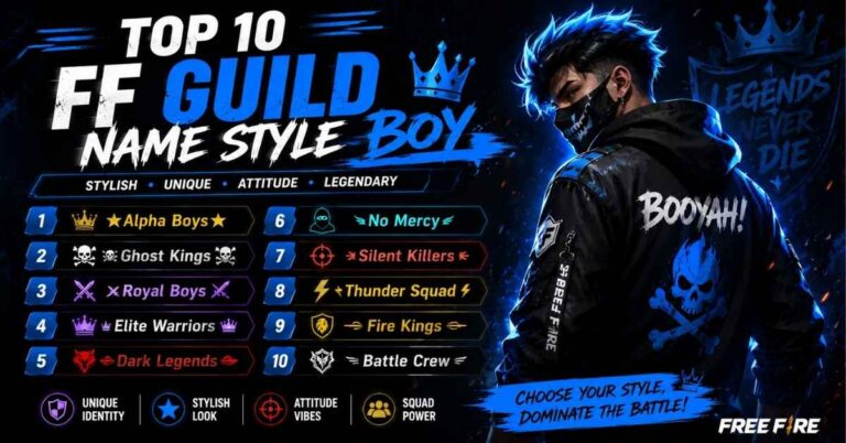 Top 10 FF guild name style boy with stylish guild names, gaming symbols, and attitude-themed squad name ideas.